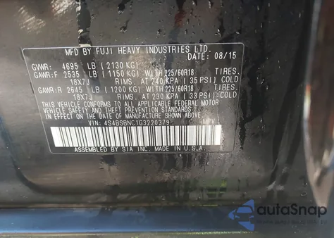 2016 Subaru Outback 2.5I Limited z USA, uszkodzony, nr VIN 4S4BSBNC1G3220379